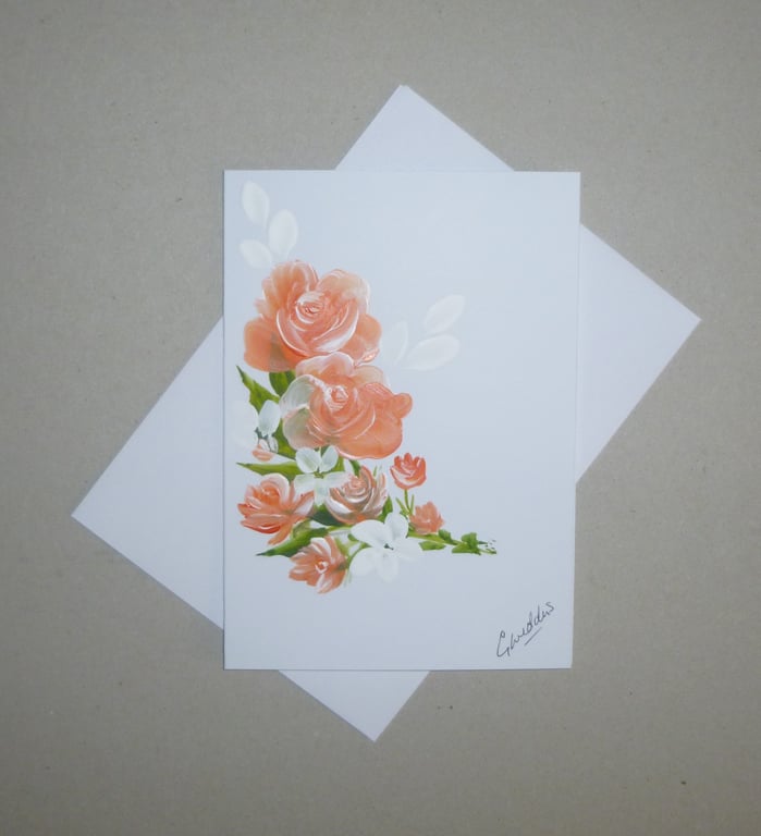 original art hand painted floral rose greeting card ( REF FA351 A4)
