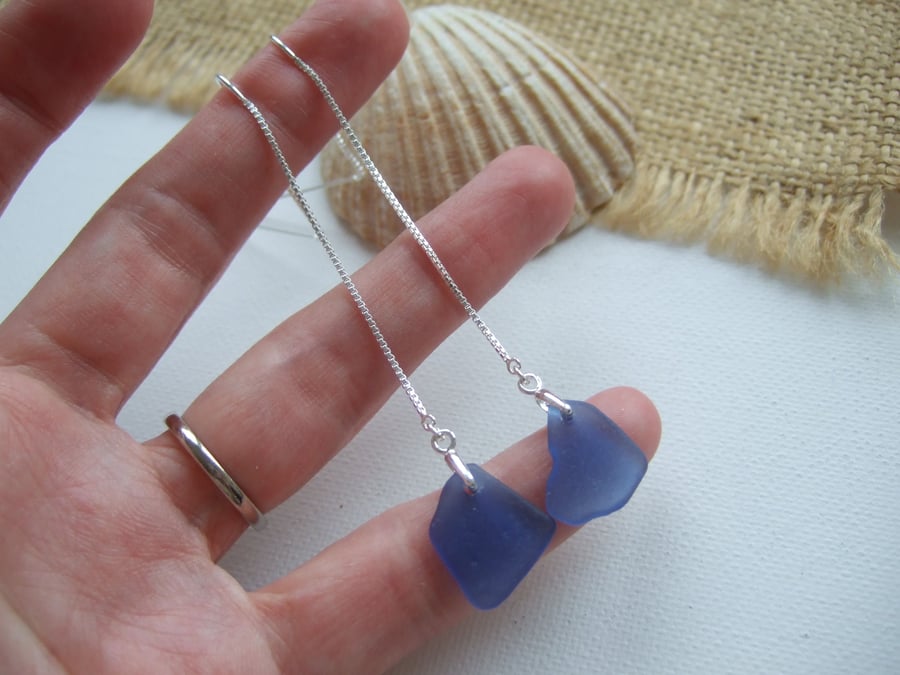 Scottish Large Blue Sea Glass Threader Earrings, Threaders with Blue Beach Glass