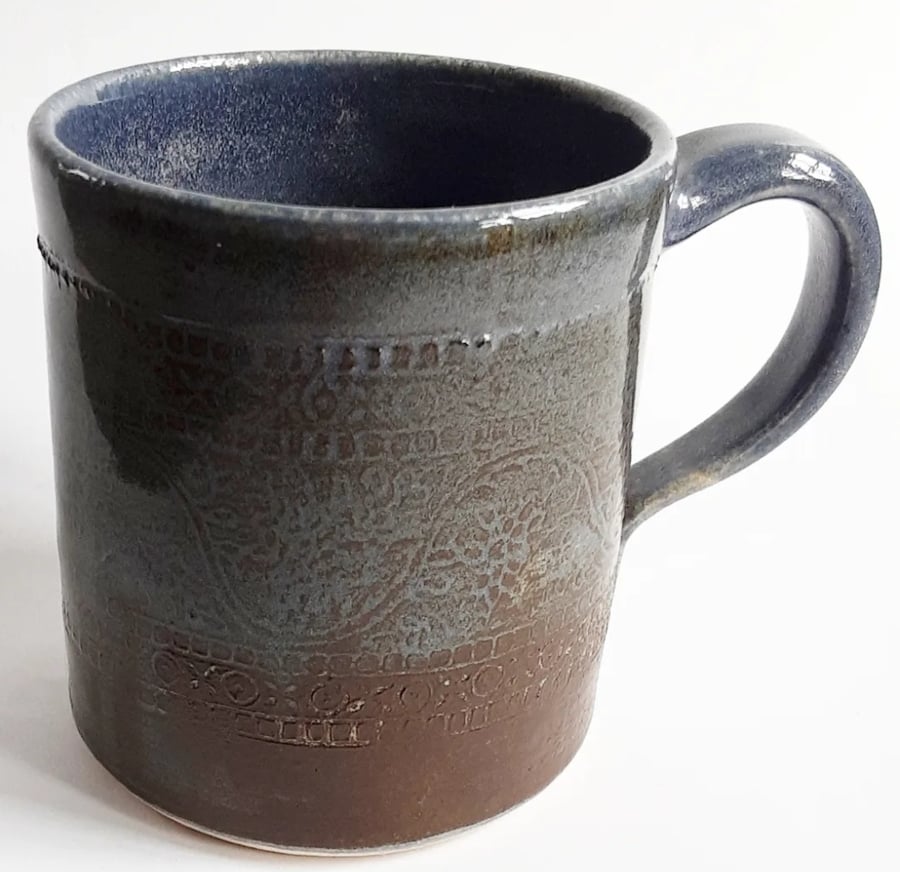 Patterned Glazed Mug - Hand Thrown Stoneware Ceramic Mug KIln Fired 