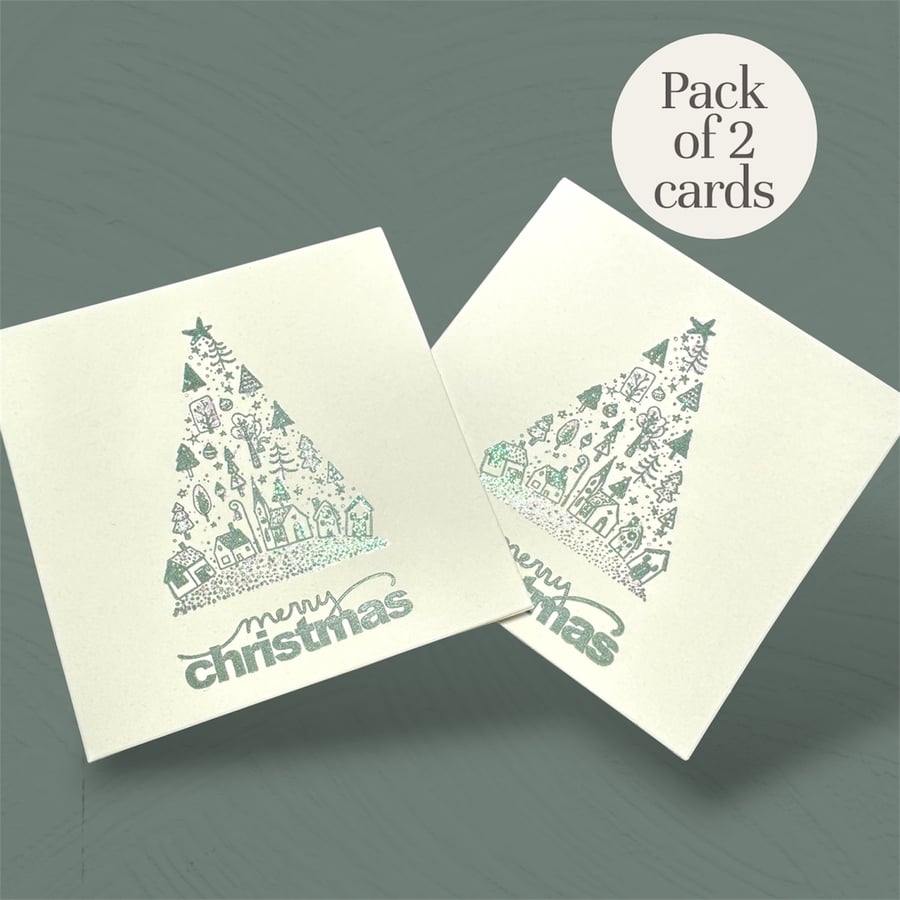  Pack of 2 Christmas tree cards festive village scene, Merry Christmas greeting