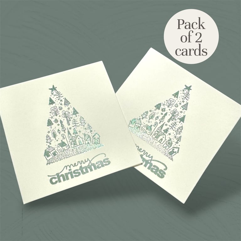  Pack of 2 Christmas tree cards festive village scene, Merry Christmas greeting