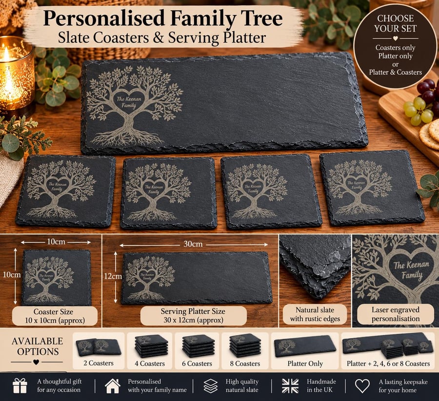 Personalised Family Tree Slate Coasters & Serving Platter, Engraved ...