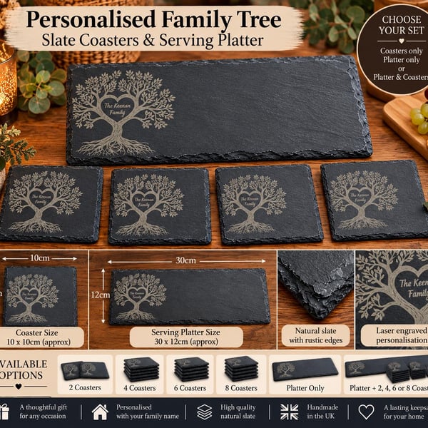 Personalised Family Tree Slate Coasters & Serving Platter, Engraved Tree of Life