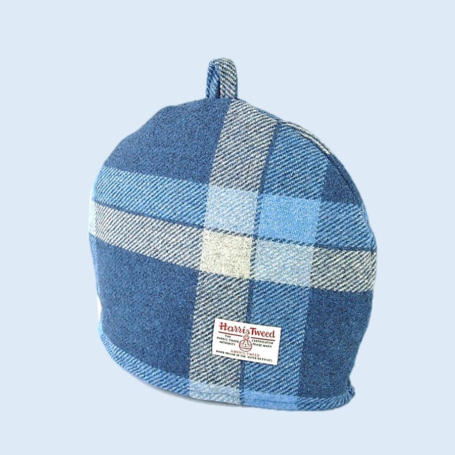 Harris Tweed tea cosy, teapot cover blue and white fabric tea cozy.