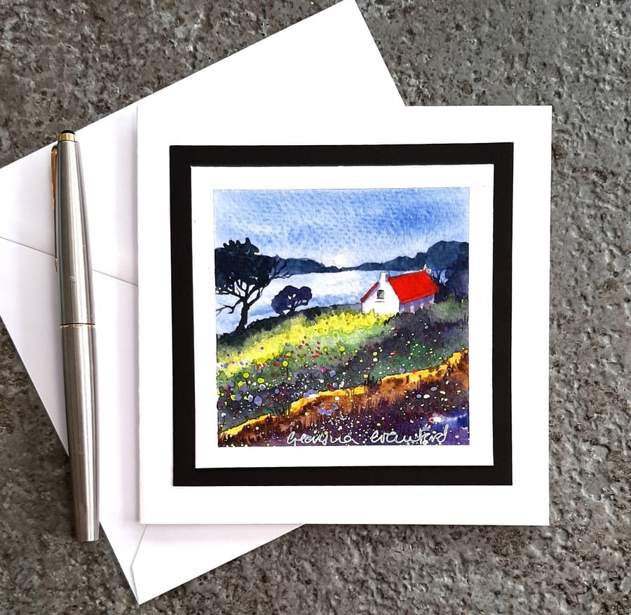 The Red Roof Cottage, Loch Shieldaig, Scotland Handpainted Blank Card 