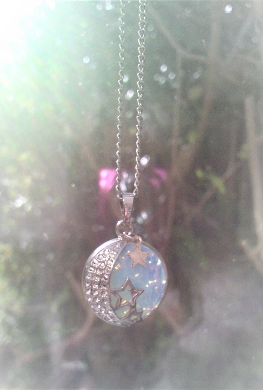 Opalite Moon Stars Long Necklace, Glass Crescent Moon Pendant, Moon and Stars