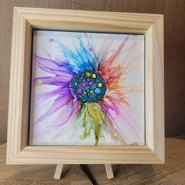 Multicolour flower alcohol ink framed tile