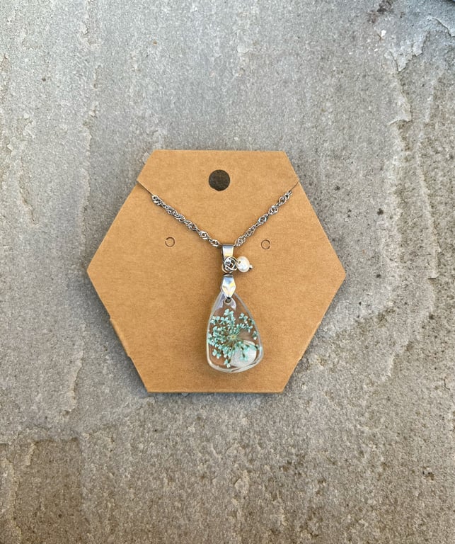 Blue Floral Teardrop Resin Necklace  