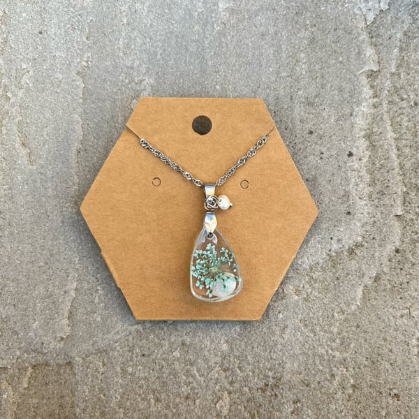 Blue Floral Teardrop Resin Necklace  