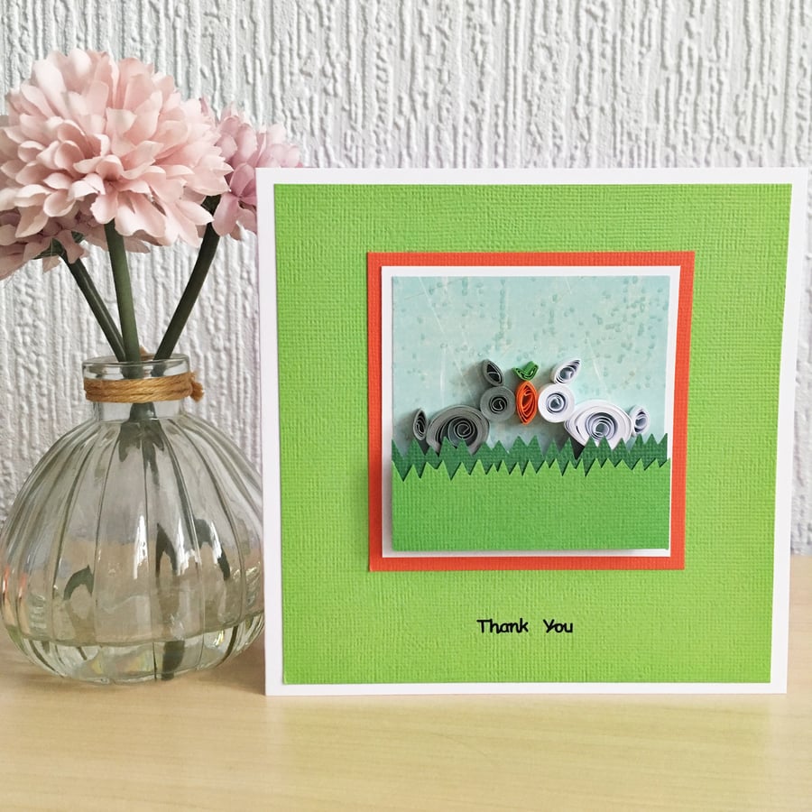 Thank you card - quilled rabbits - personalised option available