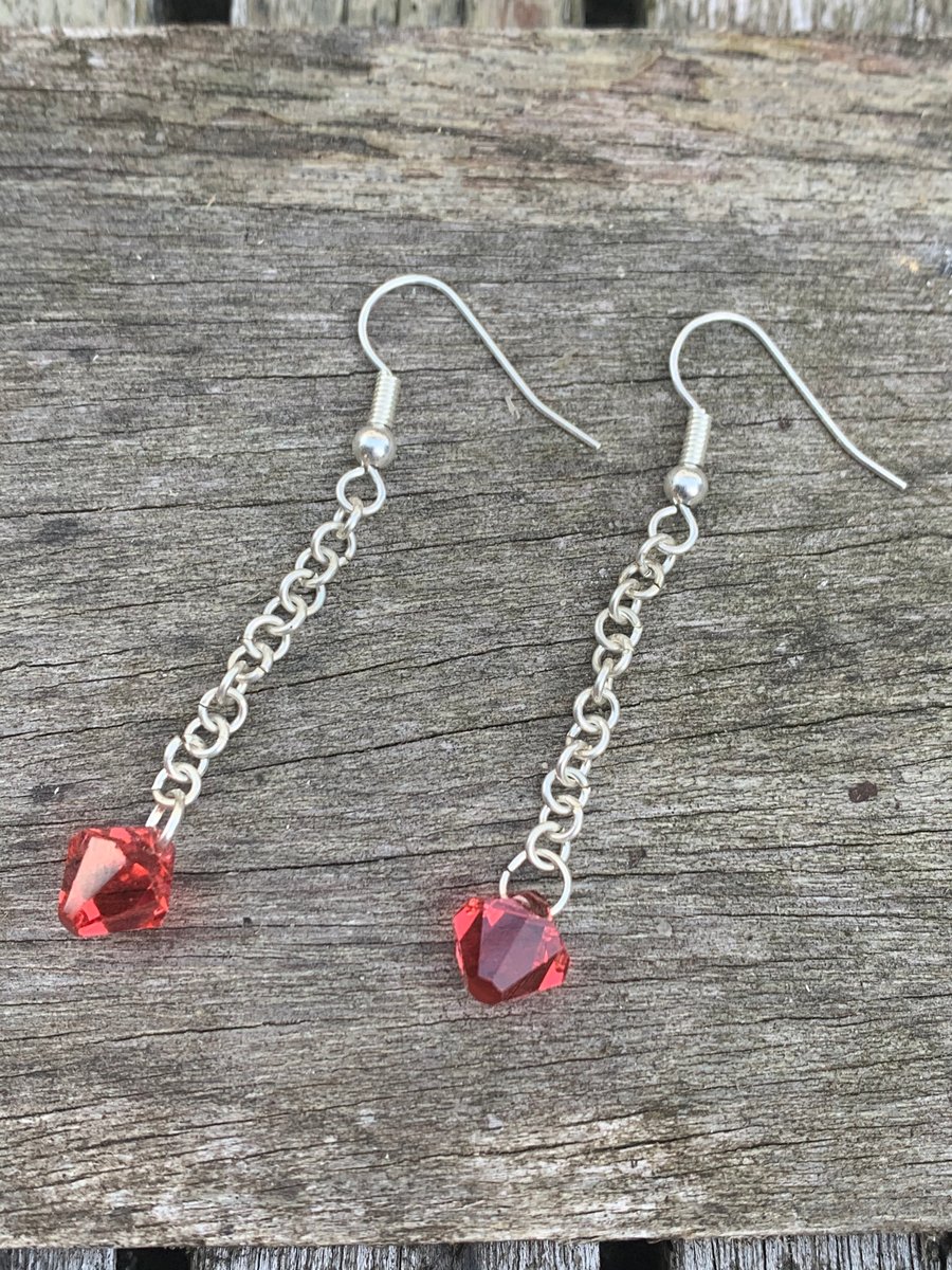 Silver and red glass crystal earrings