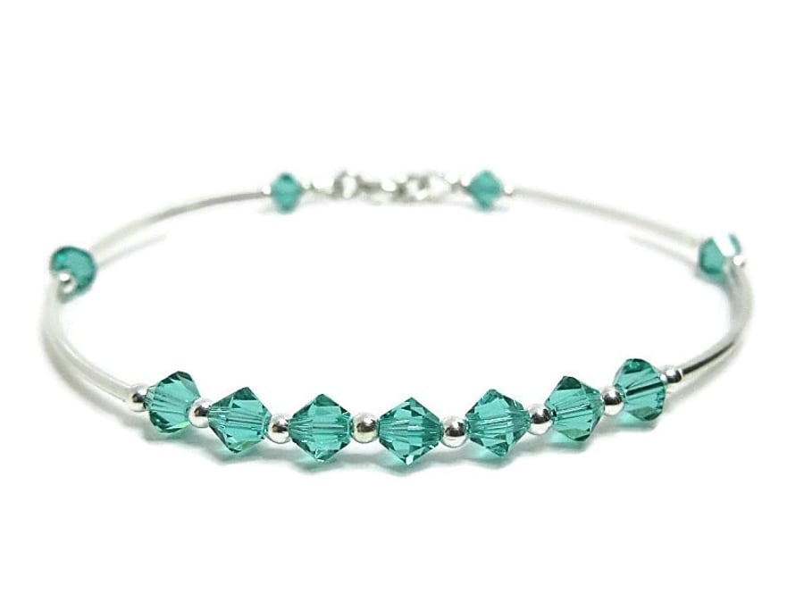 Light Emerald Green Crystals Bangle Bracelet With Sterling Silver