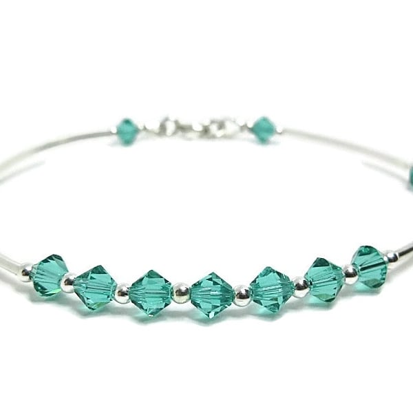 Light Emerald Green Crystals Bangle Bracelet With Sterling Silver