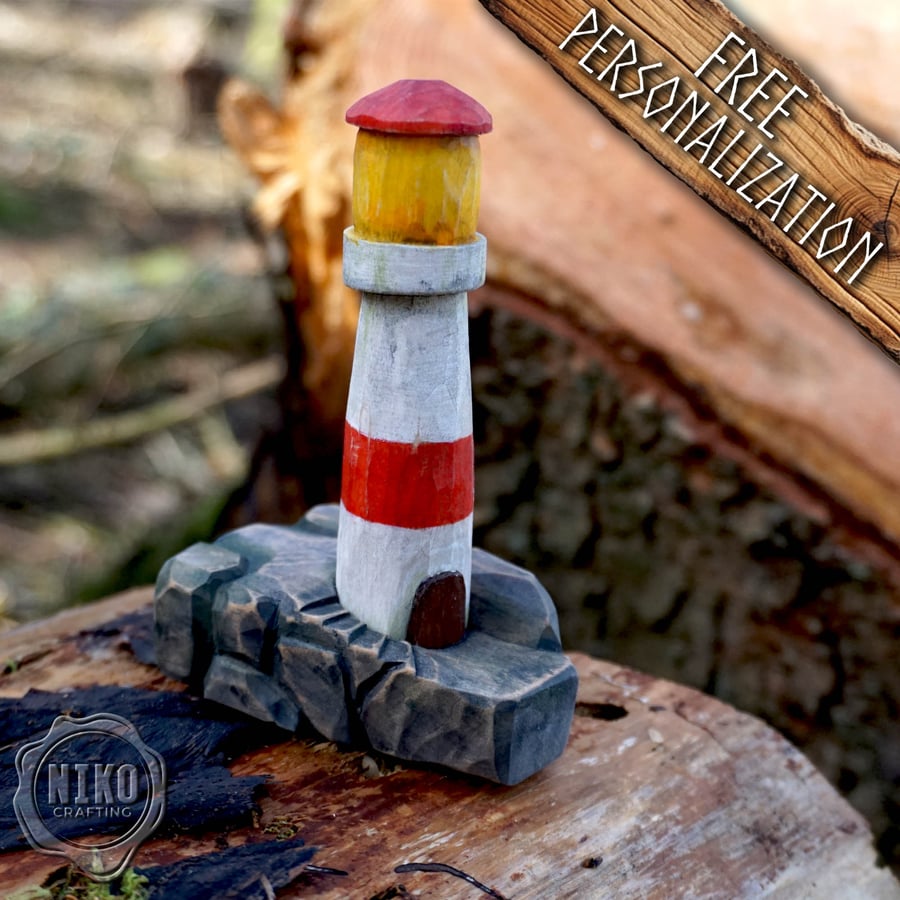 Hand-Carved Wooden Lighthouse – Personalised Home Decor. Whittled from Basswood