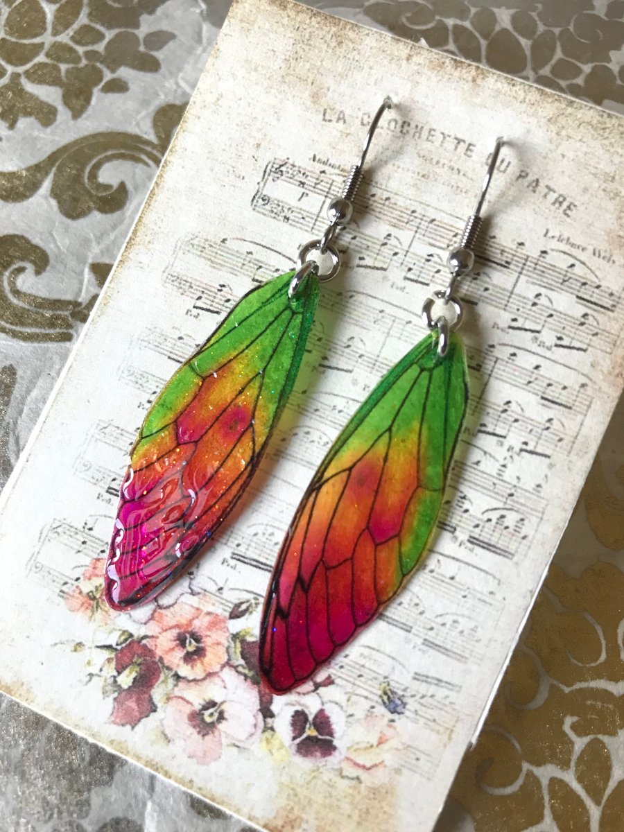 Orange Pink Green and Yellow Fairy Wing Surgical Steel Earrings