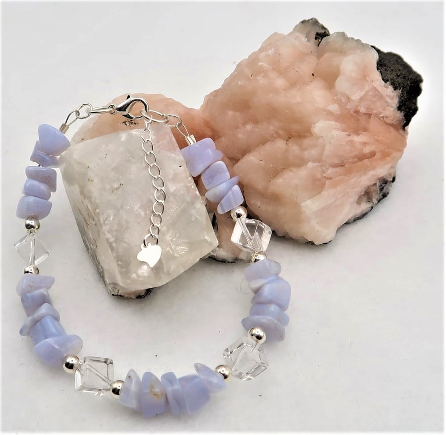 Sterling Silver Blue Lace Agate and Quartz Bracelet.