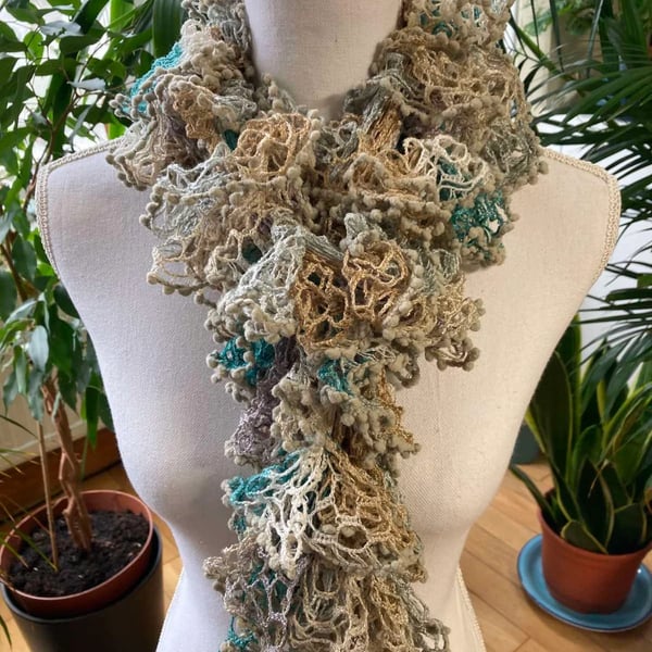 Crochet beige long garland shawl -handmade shawl