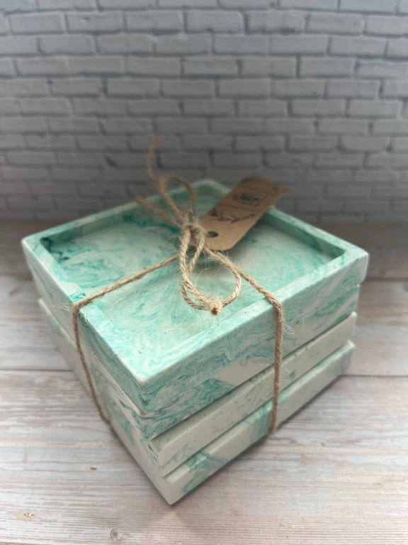 Set of 4 Square Cream & Green Marble Effect Coasters