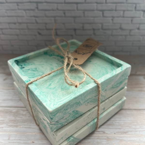 Set of 4 Square Cream & Green Marble Effect Coasters