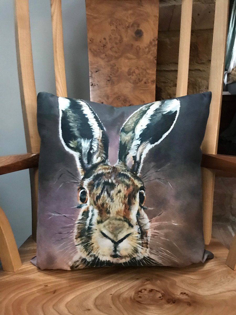 Luxury cushion featuring Hartley the Hare by artist Janet Bird
