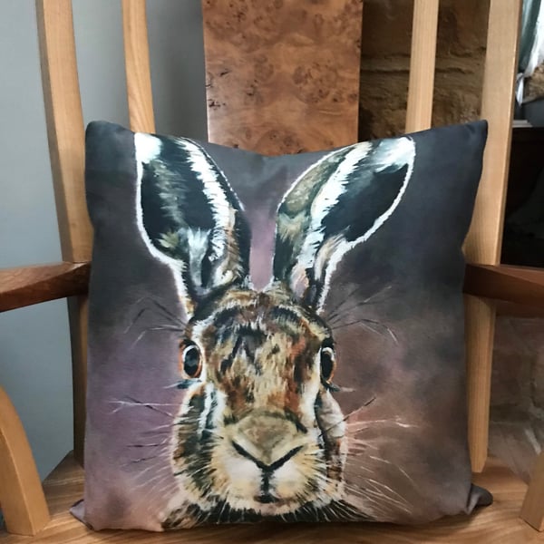 Luxury cushion featuring Hartley the Hare by artist Janet Bird