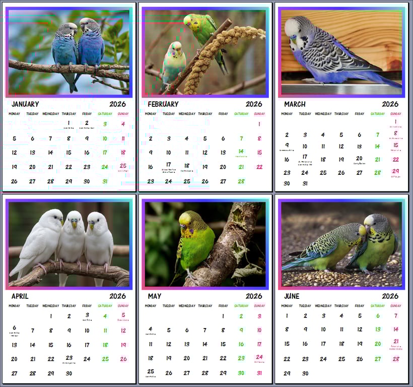 2026 A4 Calendar Budgie Parrots Birds Fancy Pet 