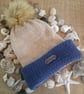Beige and Royal Blue Ladies' Knitted Bobble Hat - Handmade with Faux Fur Pom Pom - Image 3