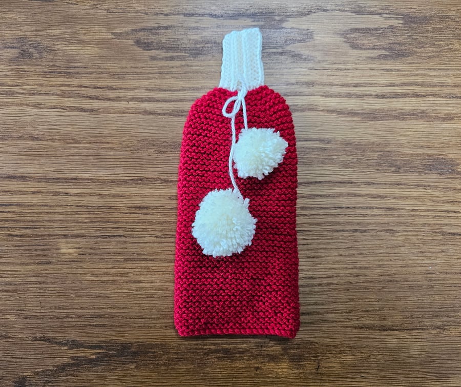 Diane's Classic Red Wine Bottle Cover with White Pom-Poms
