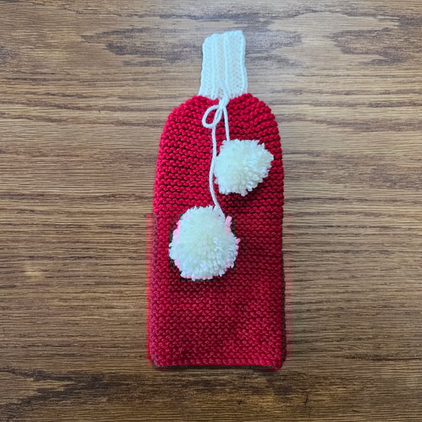 Diane's Classic Red Wine Bottle Cover with White Pom-Poms