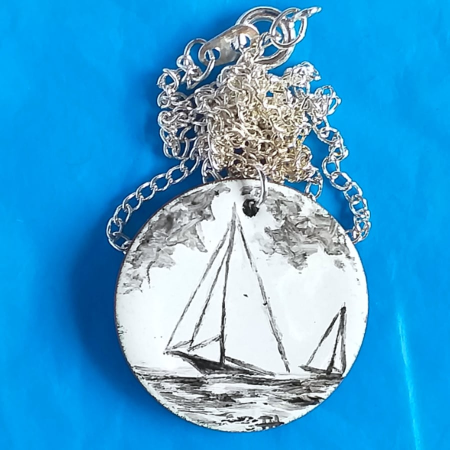 medium painted enamel pendant - sailing ship at sea No2