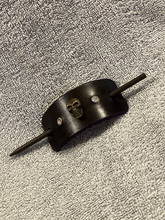 Dark Purple Leather Hair Stick Barrette - Skull Center & 2 White Gemstones