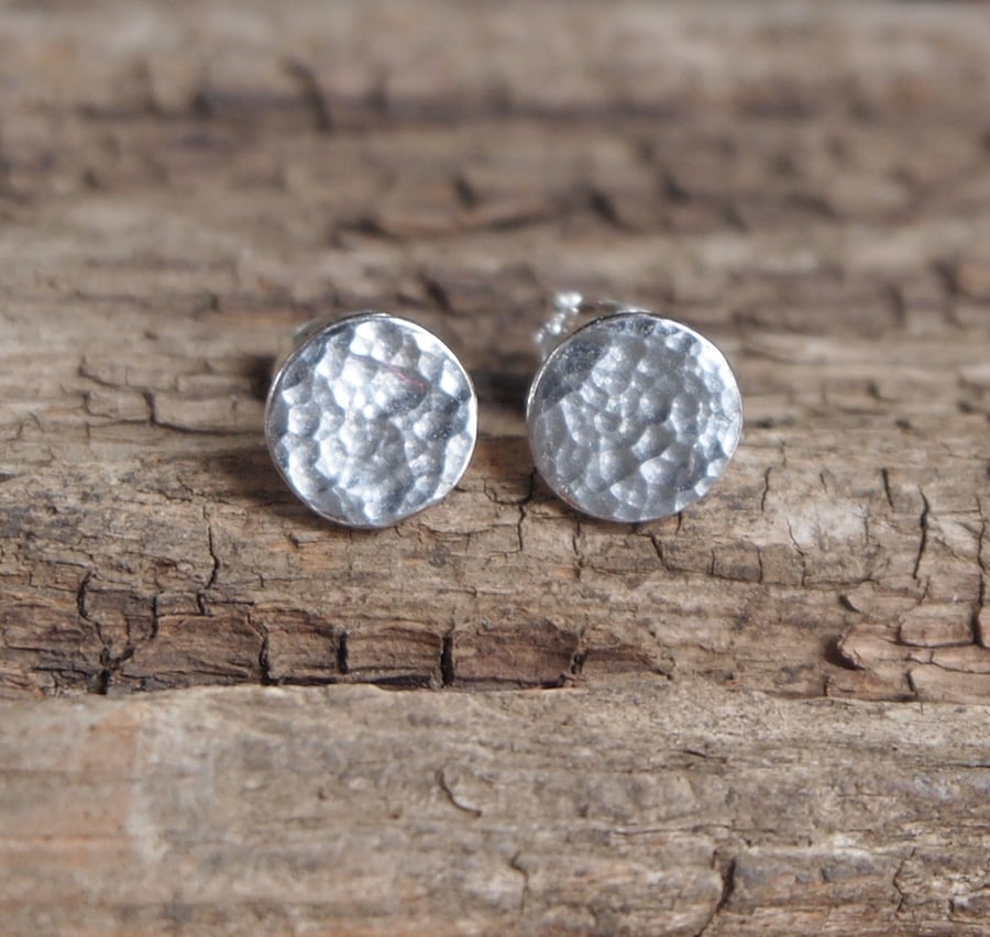 Sterling silver hammered stud earrings, round silver studs