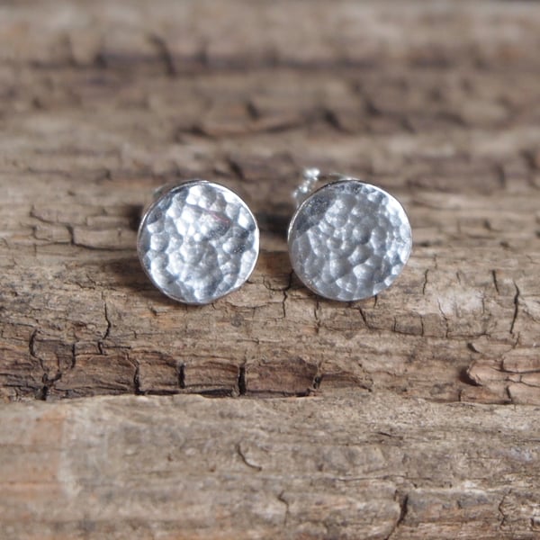 Sterling silver hammered stud earrings, round silver studs