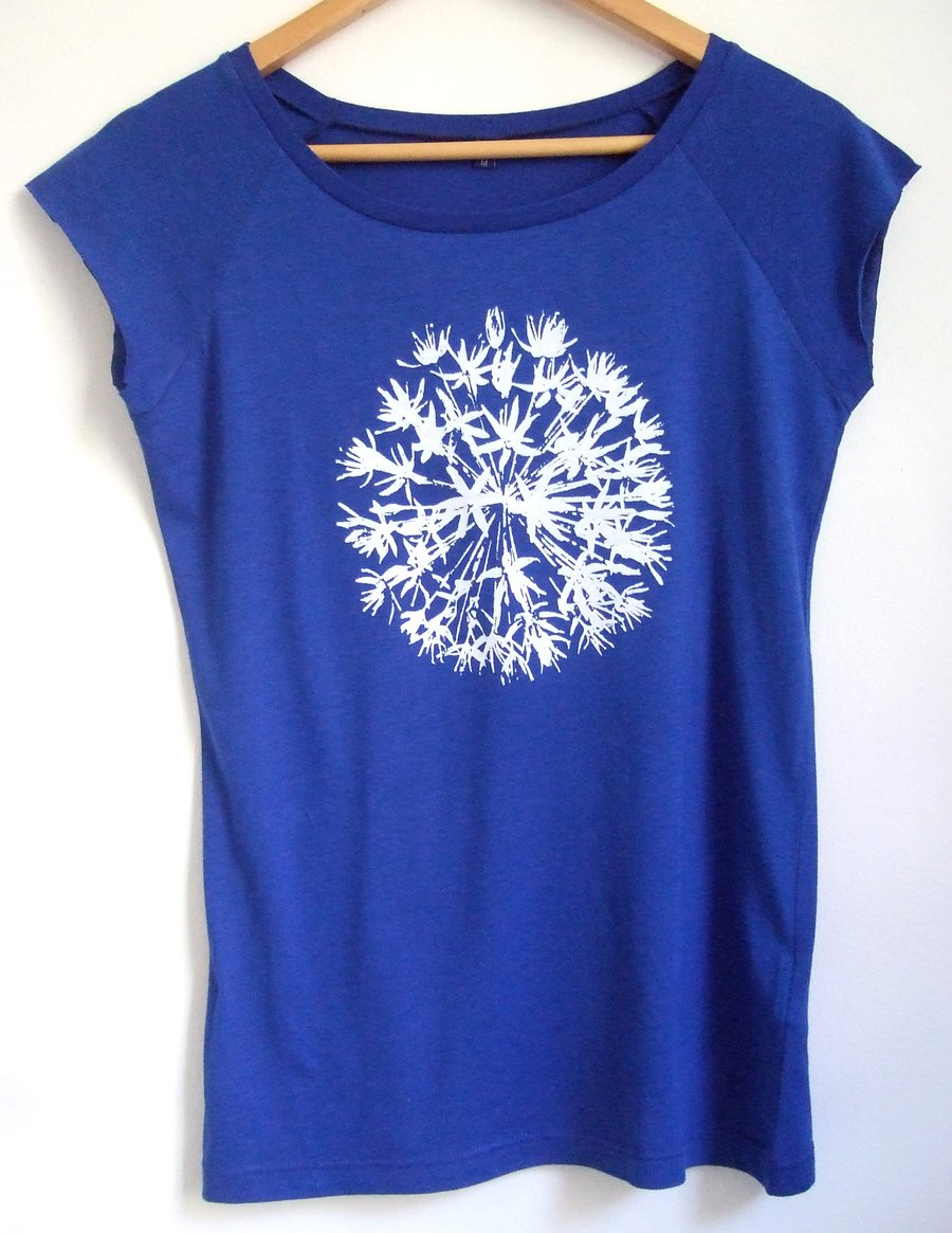  Womens blue eco T shirt bamboo viscose and organic cotton white allium print