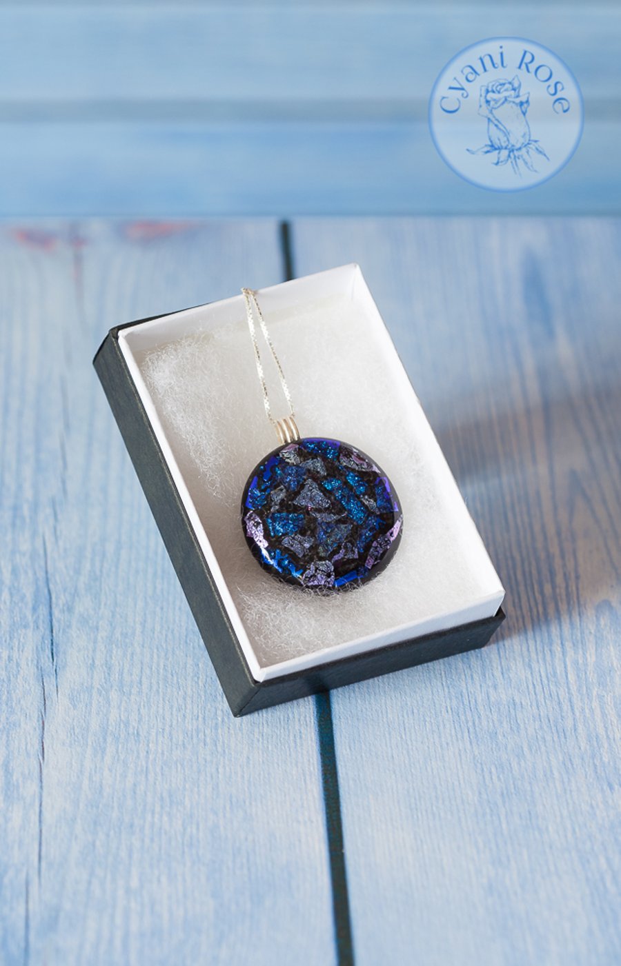 Beautiful fused grass dichroic round pendant blues purples sparkly