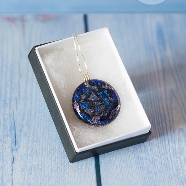 Beautiful fused grass dichroic round pendant blues purples sparkly