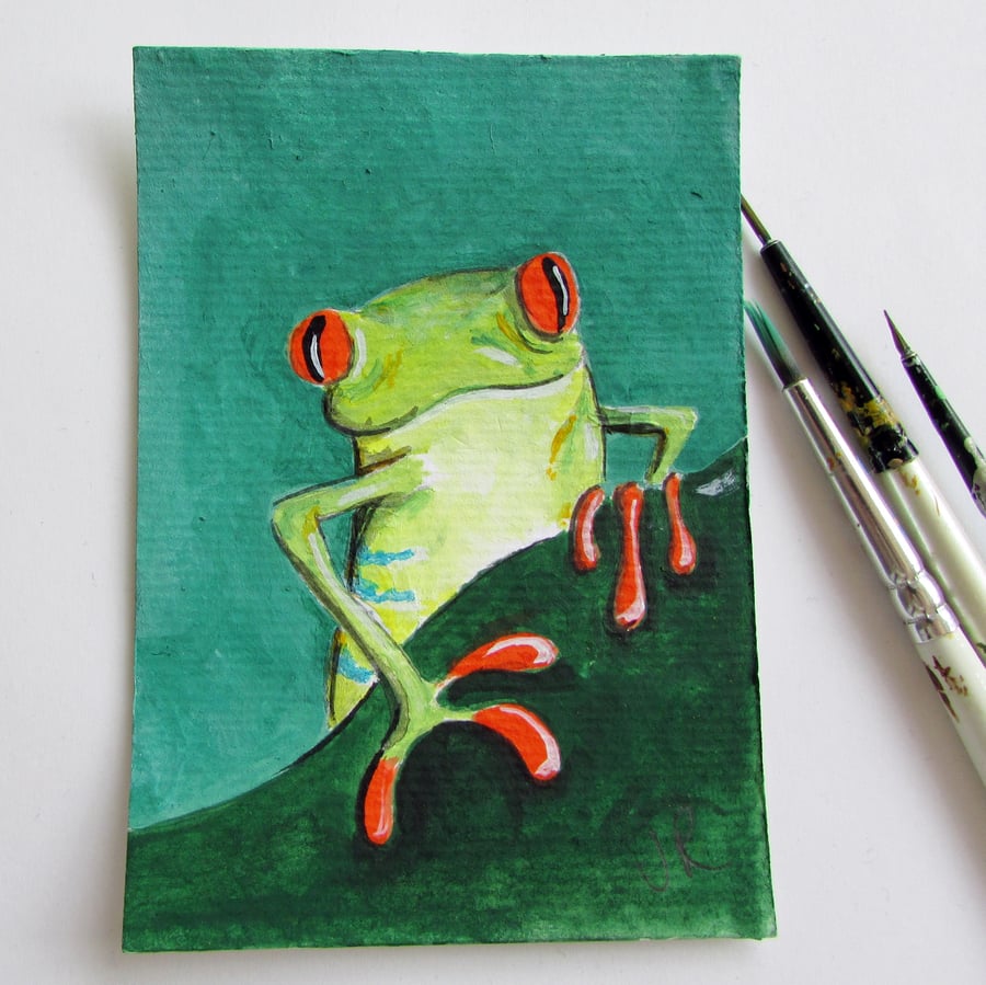 Original ACEO, Cute Green Tree Frog,Small Art, Animal Aceo, ATC Painting