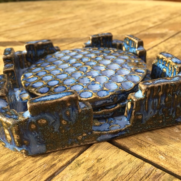 Coaster set - textured with an interesting blue glaze