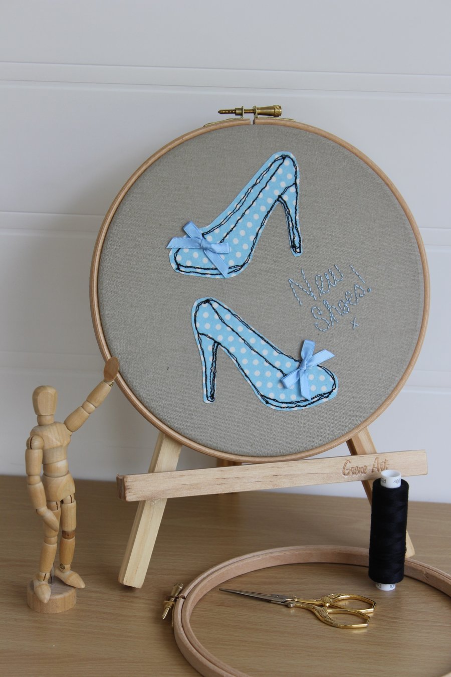 New Shoes Hooped Textile Art,  Applique and Freemotion Embroidered, Blue 