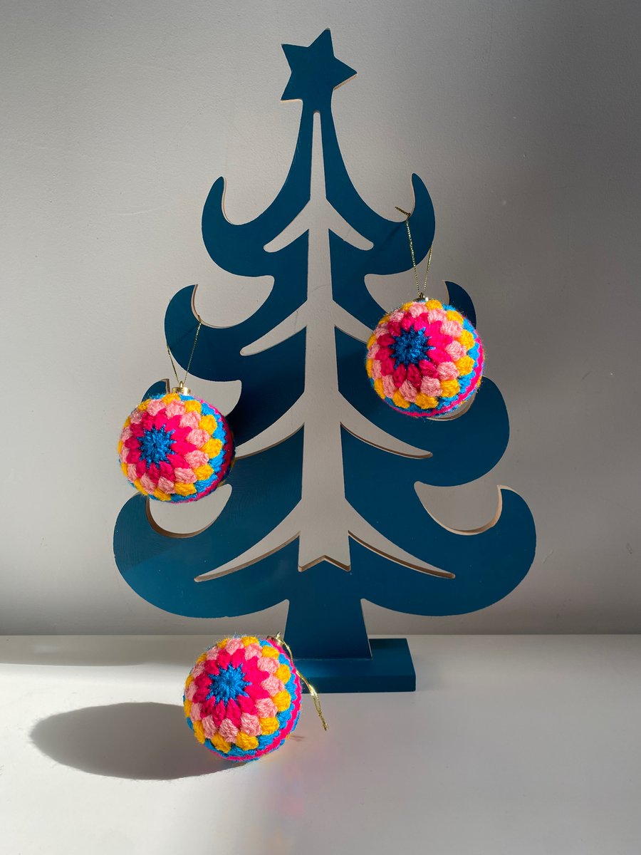 Set of 3 crochet Christmas baubles -  bright pink and yellow