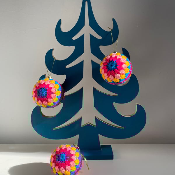 Set of 3 crochet Christmas baubles -  bright pink and yellow