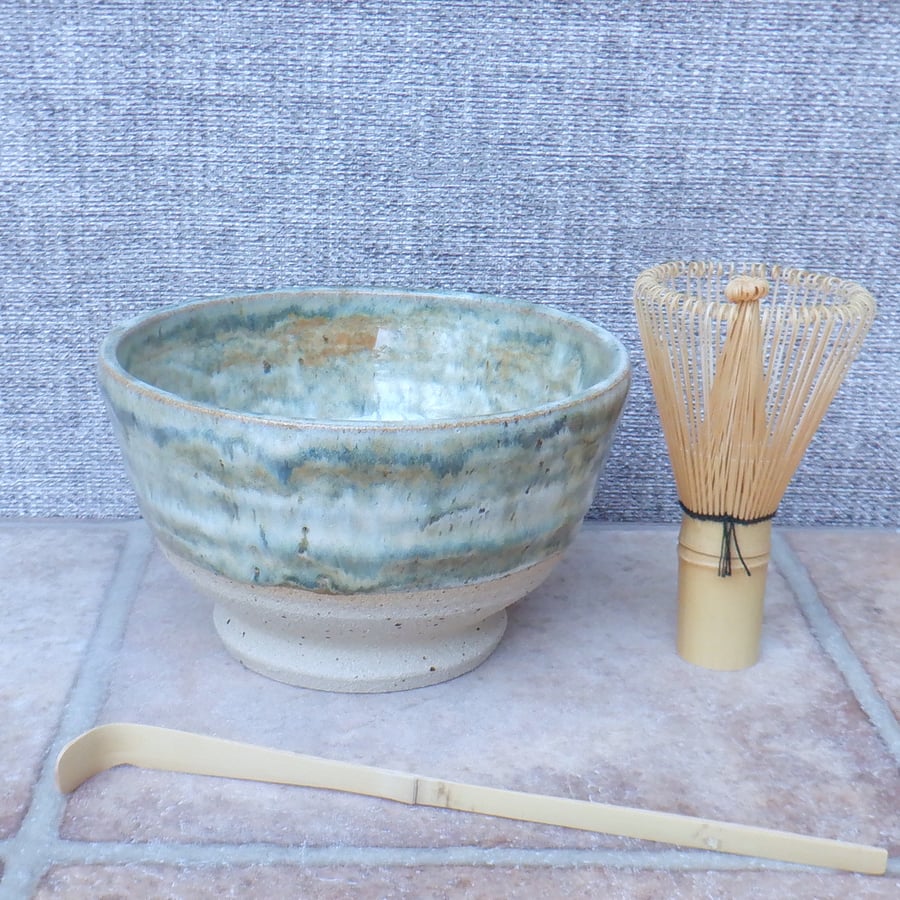 Matcha chawan green tea bowl wheel thrown stoneware pottery handmade