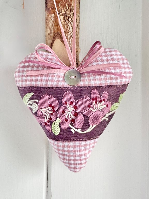 CHERRY BLOSSOM HEART - with lavender - fabric heart decoration - pink gingham