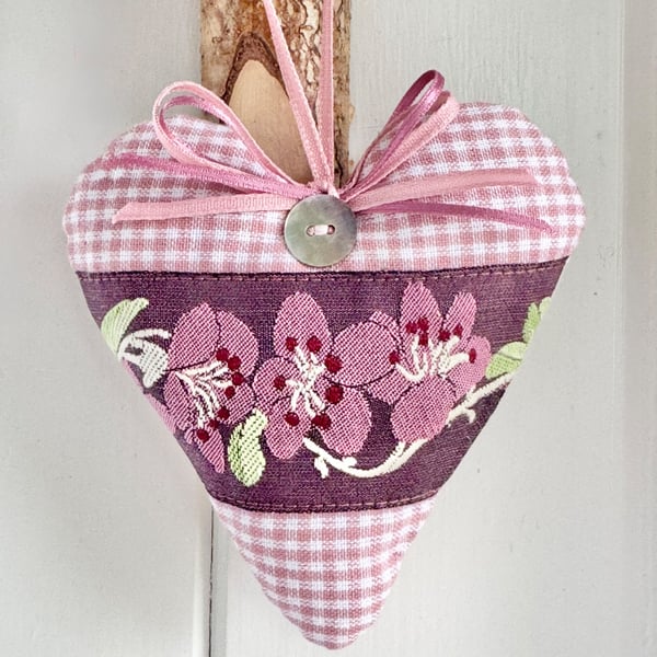 CHERRY BLOSSOM HEART - with lavender - fabric heart decoration - pink gingham