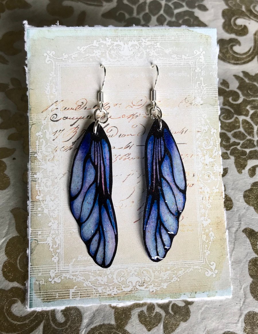 Periwinkle Lavender Blue and Black Fairy Wing Sterling Silver Earrings