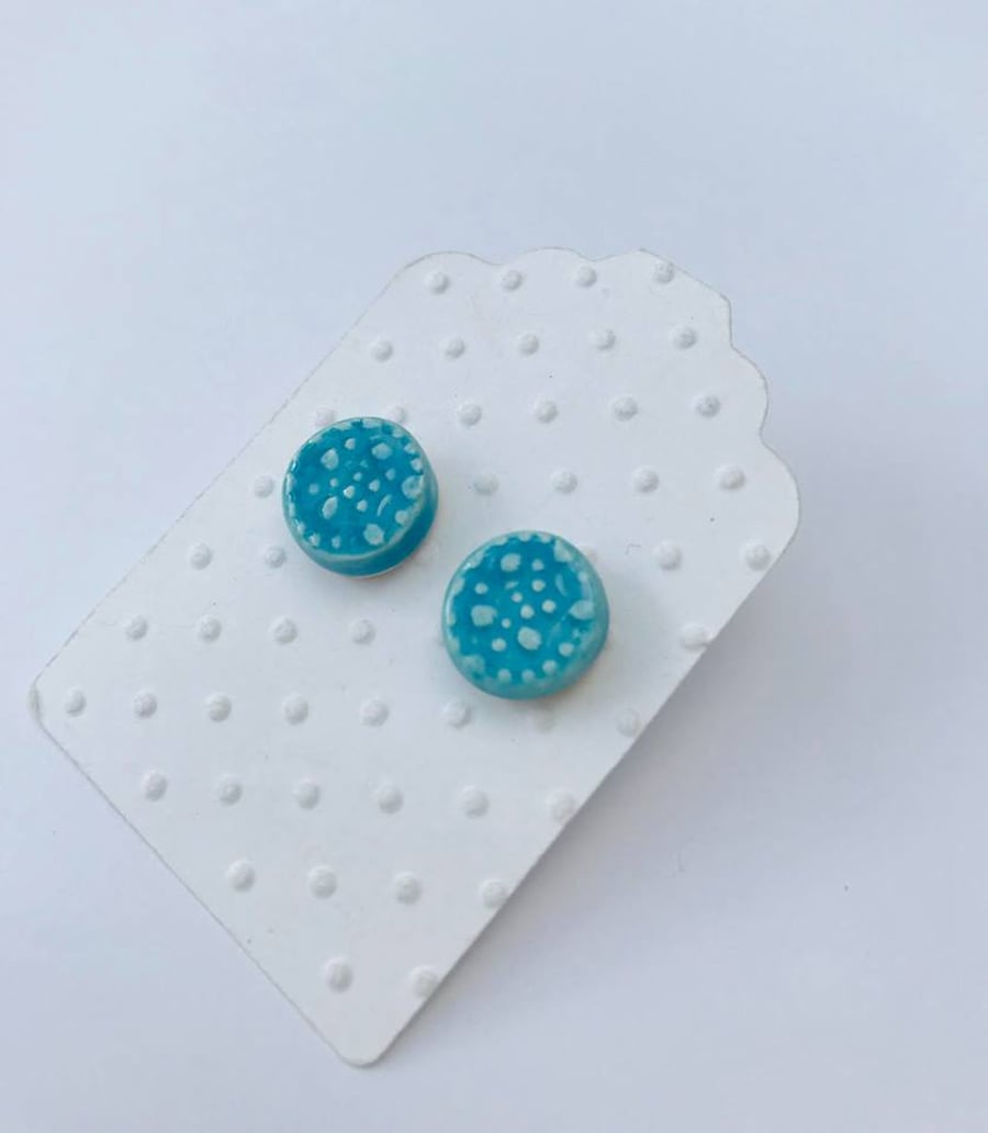 Ceramic round turquoise earrings - with sterling silver posts and scrolls