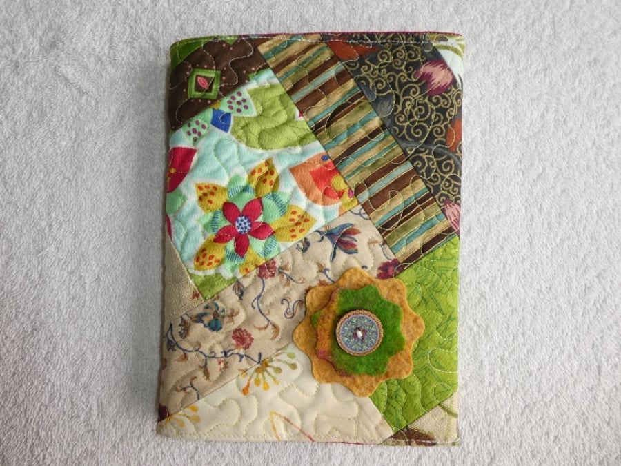 Notebook. A5 size. Lined Notepad with Quilted Crazy Patchwork Cover. Greens.