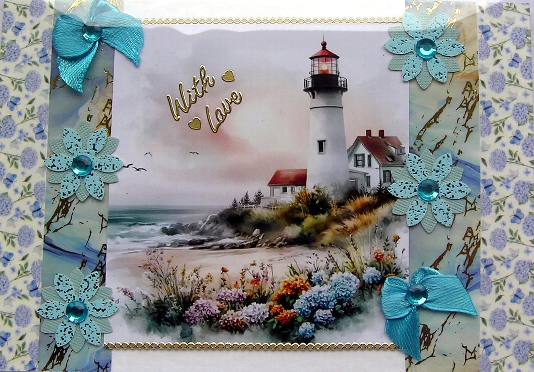 Lighthouse Coastal Scene - Hand Crafted Decoupage Greeting Card - With Love 3281
