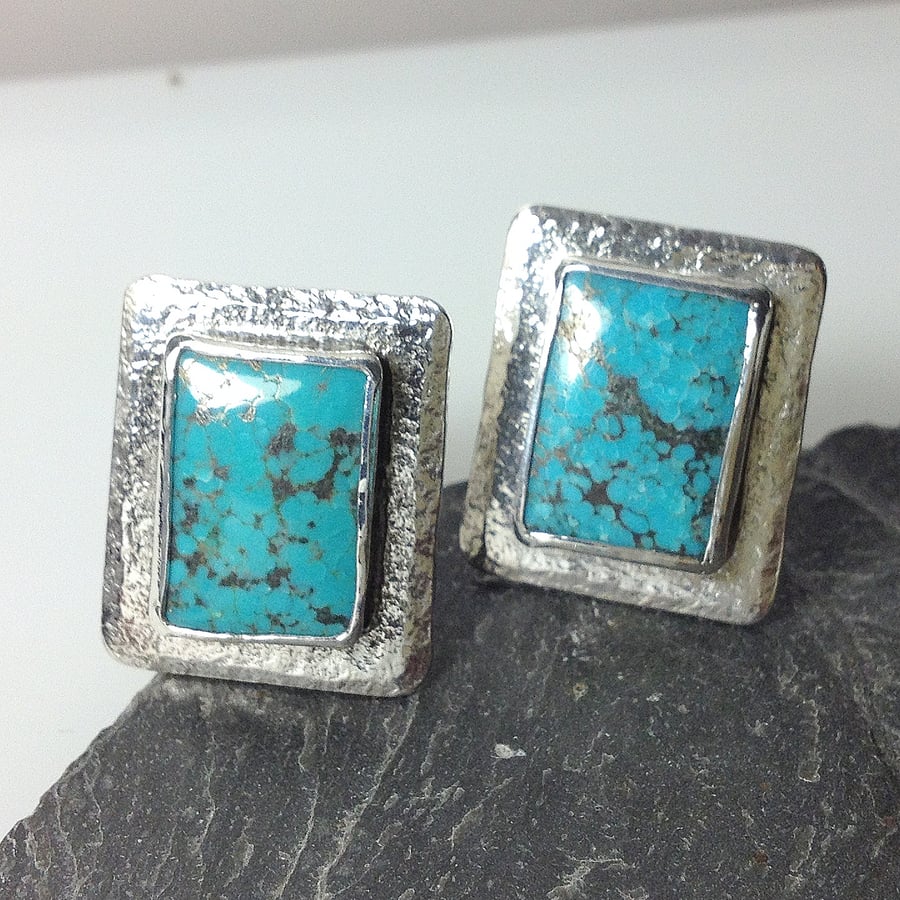 Silver and turquoise rectangular cufflinks 