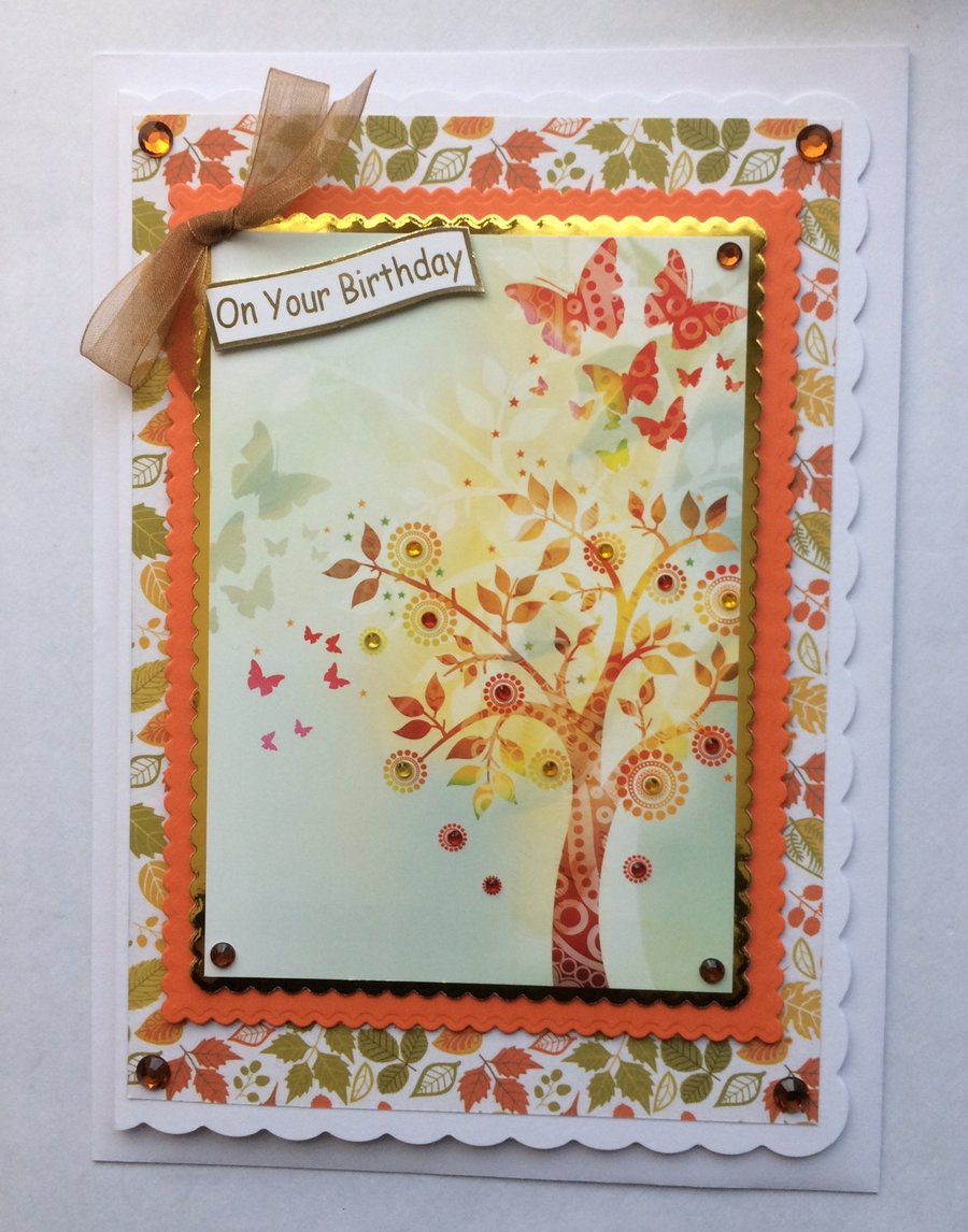 Birthday Card On Your Birthday Autumn Leaves Tree of Life Butterflies